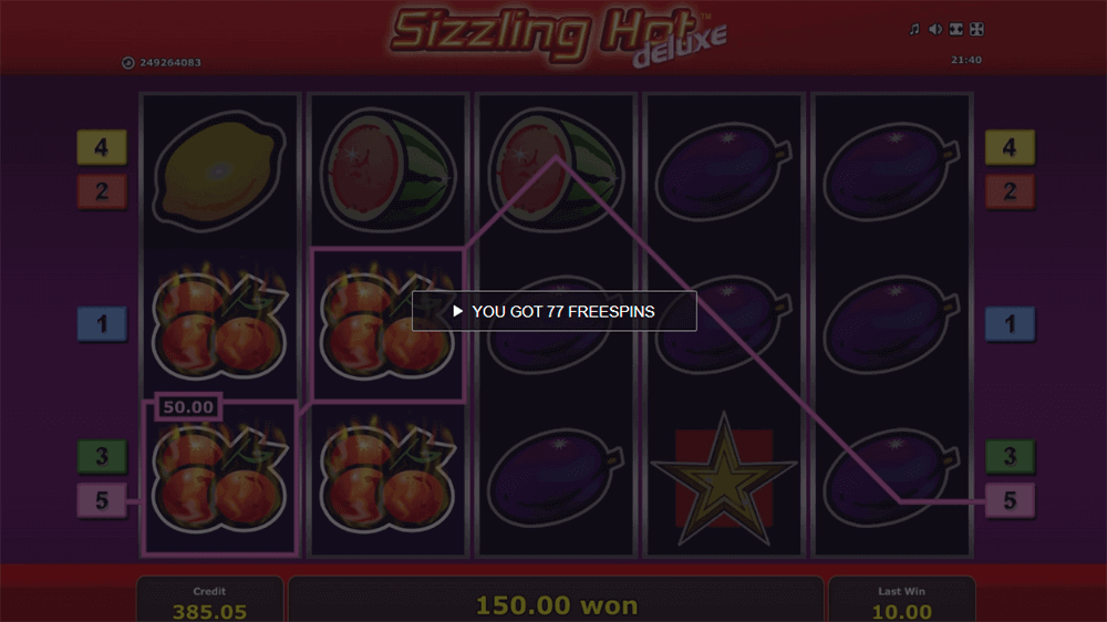 Get 77 free spins at Sizzling Hot
