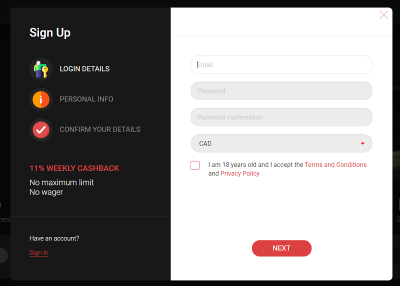 Click the "Register" button, enter your email address and password and select the currency.
