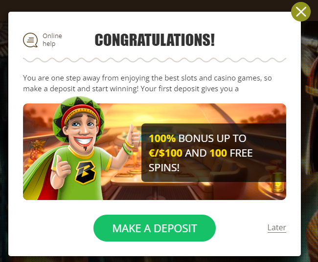 You will see congratulations from Bob If everything is done correctly, you will see congratulations from Bob with an offer to receive a gift for the first replenishment of the balance.