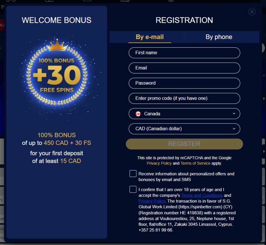 Open the registration form at Spinbetter Casino Open the registration form, add your name and email address, and choose a strong password