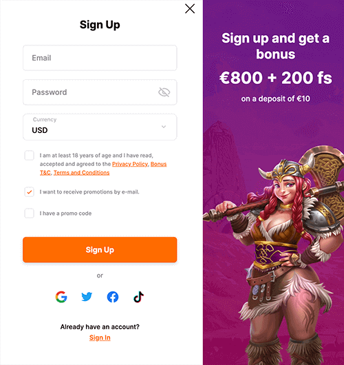 How to register at Hit'N'Spin Casino Hit'N'Spin Casino registration form