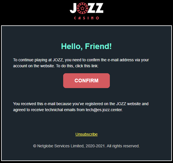 Confirm email at Jozz Casino