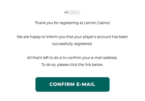 Registration confirmation email to Lemon Casino