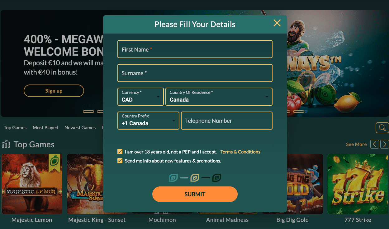 The appearance of the registration form on the site of Lemon Casino