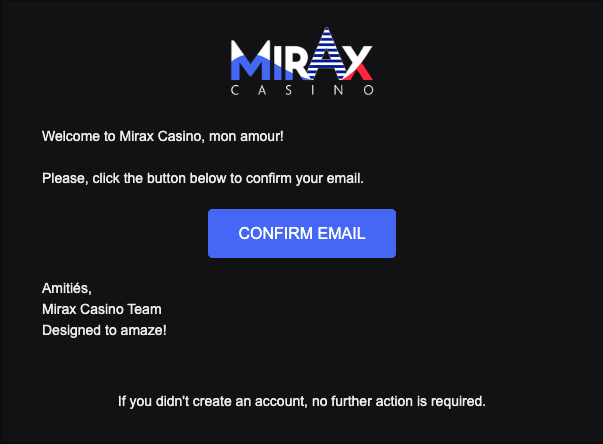 Mirax Casino confirmation email 