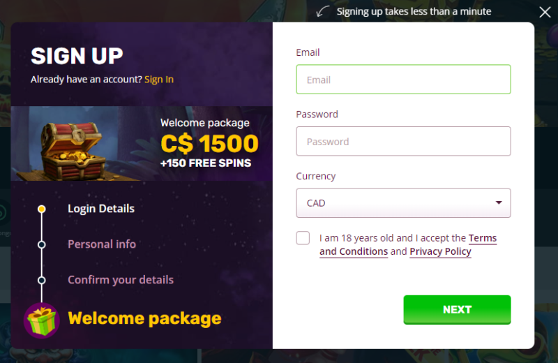 Enter the email address and password at the PlayAmo Casino