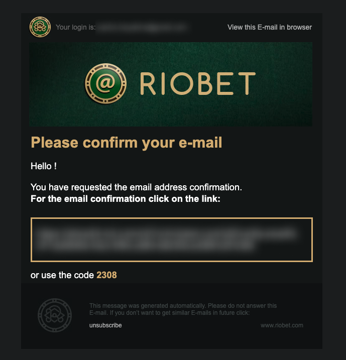 Confirmation letter on the website of Riobet Casino