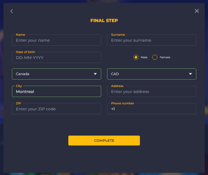 Enter your first name, last name, date of birth, gender, address, and phone number