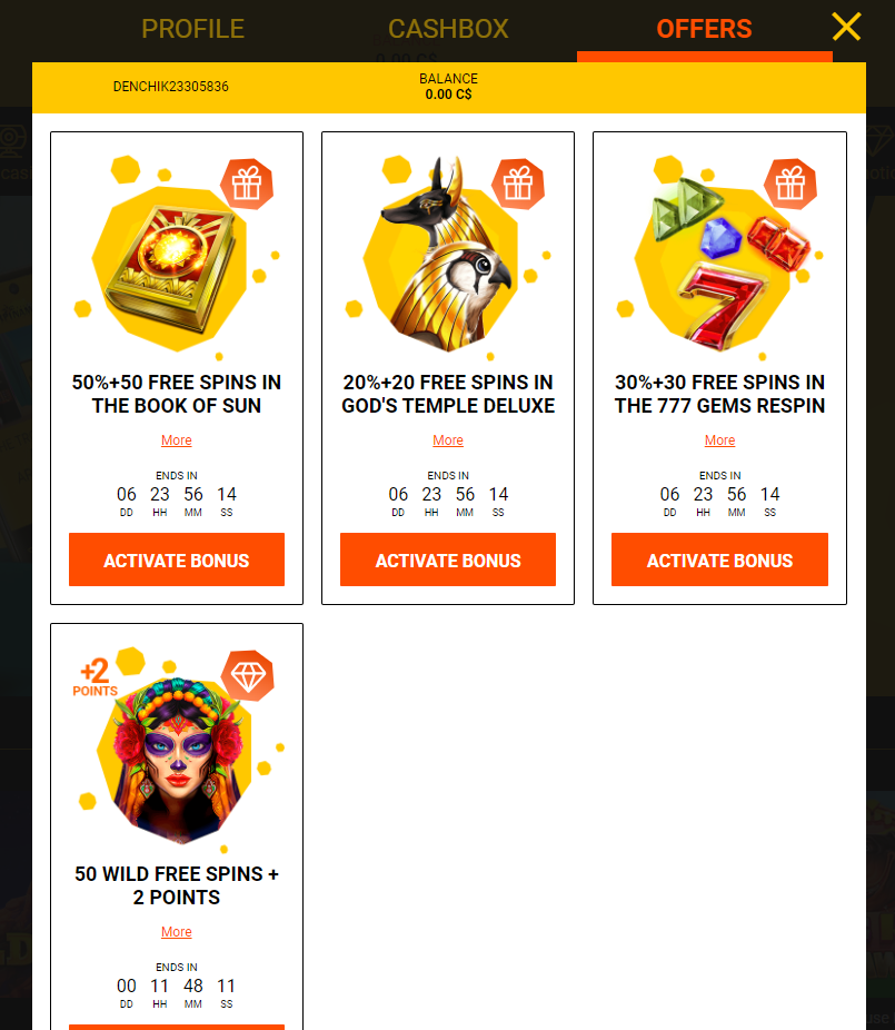 Find the boxes containing the no deposit bonus, then click Activate Bonus. To claim the free spins, go back to the homepage, then click Offers.