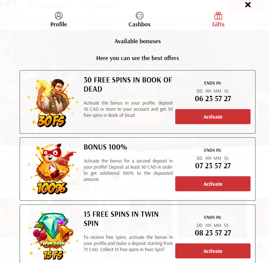 Click on the 'Gifts' button, then click Activate. Redeem your bonus. Click on the 'Gifts' button, then click Activate.