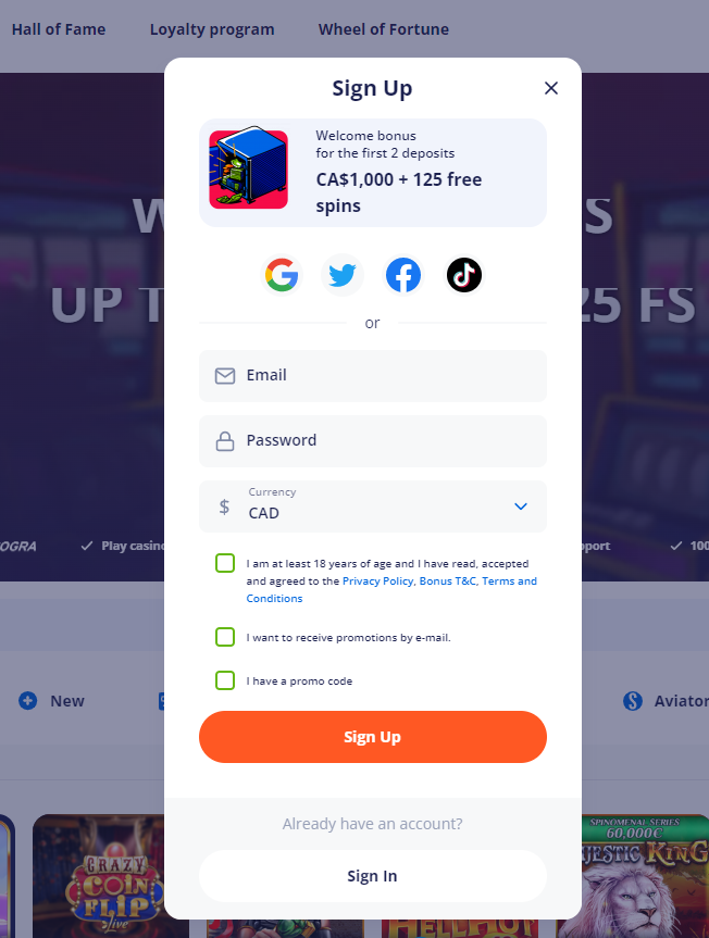 Provide your email address and create your password. Select the Canadian dollar as the currency.